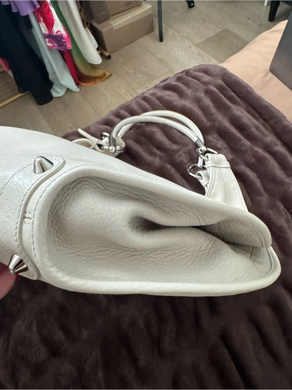 Vintage Christian Dior D White Leather Hobo Bag Silver Hardware